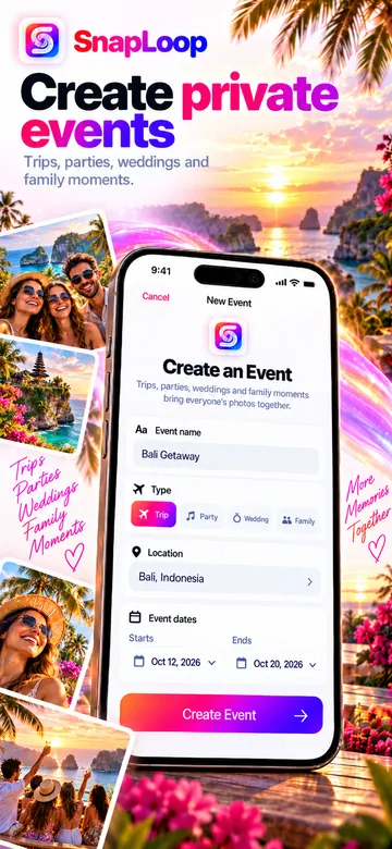 SnapLoop screenshot: Create an Event screen with name, type, location and dates