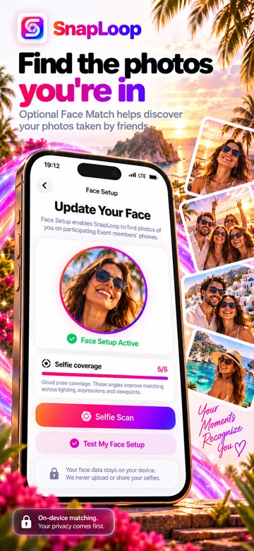 SnapLoop screenshot: Face Setup screen for optional Face Match