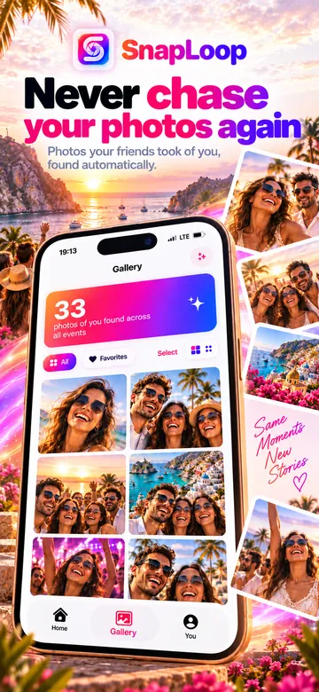 SnapLoop screenshot: Gallery showing 33 photos of you found across all events