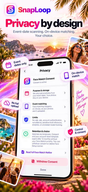 SnapLoop screenshot: Privacy settings with Face Match consent, event matching, limits and withdraw consent